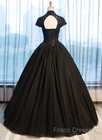 Beautiful Black Cap Sleeves Long Tulle Party Dress, Black Formal Prom Dress