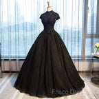 Beautiful Black Cap Sleeves Long Tulle Party Dress, Black Formal Prom Dress
