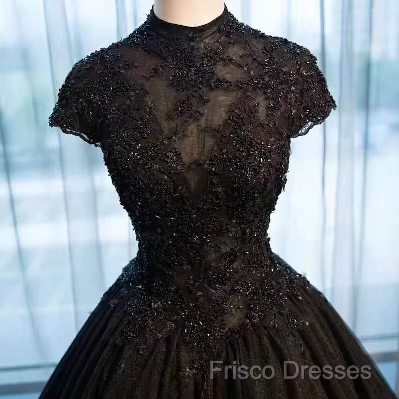 Beautiful Black Cap Sleeves Long Tulle Party Dress, Black Formal Prom Dress