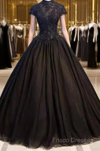 Beautiful Black Cap Sleeves Long Tulle Party Dress, Black Formal Prom Dress