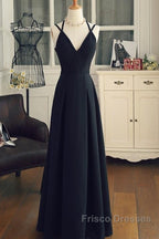 Beautiful Black Chiffon Straps Long A-Line Junior Formal Prom Dress, Black Party Gowns
