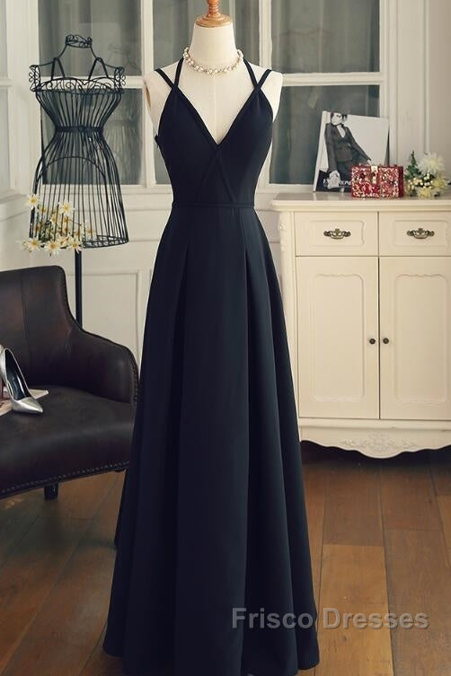 Beautiful Black Chiffon Straps Long A-Line Junior Formal Prom Dress, Black Party Gowns
