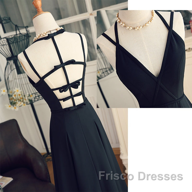 Beautiful Black Chiffon Straps Long A-Line Junior Formal Prom Dress, Black Party Gowns