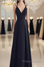 Beautiful Black Chiffon Straps Long A-Line Junior Formal Prom Dress, Black Party Gowns