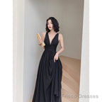 Beautiful Black Chiffon V-Neckline Long Party Dress, Black Cross Back Prom Dresses