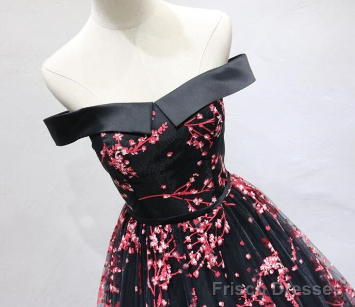 Beautiful Black Long Floral Lace Party Dress, Off Shoulder Prom Dress Secondary image