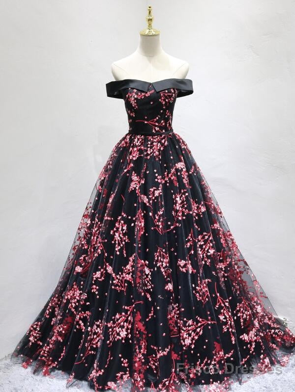Beautiful Black Long Floral Lace Party Dress, Off Shoulder Prom Dress