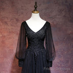 Beautiful Black Long Sleeves V-Neckline Evening Dress, Black Prom Dress