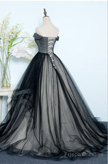 Beautiful Black Tulle Off Shoulder Floor Length Gown, Black Evening Dresses