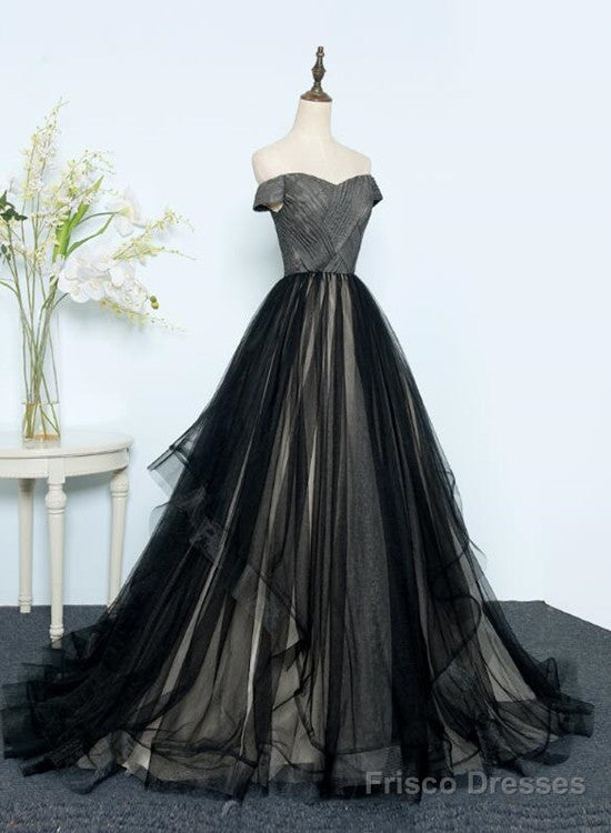 Beautiful Black Tulle Off Shoulder Floor Length Gown, Black Evening Dresses Main image