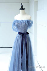 Beautiful Blue Floor Length Prom Dress, A-Line Strapless Tulle Evening Dress
