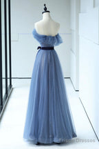 Beautiful Blue Floor Length Prom Dress, A-Line Strapless Tulle Evening Dress