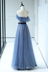 Beautiful Blue Floor Length Prom Dress, A-Line Strapless Tulle Evening Dress