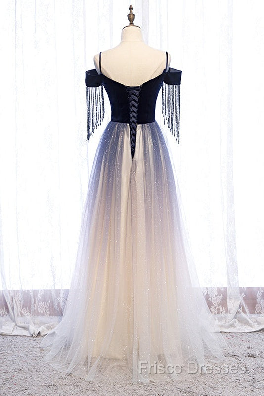 Beautiful Blue Gradient Tulle Long Party Dress,A-Line Off Shoulder Formal Dress