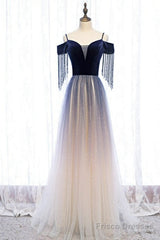 Beautiful Blue Gradient Tulle Long Party Dresses,A-Line Off Shoulder Formal Dresses