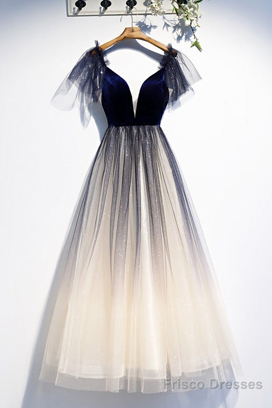 Beautiful Blue Gradient Tulle Short Sleeves Party Dresses, Blue Evening Dress Prom Dresses Secondary image