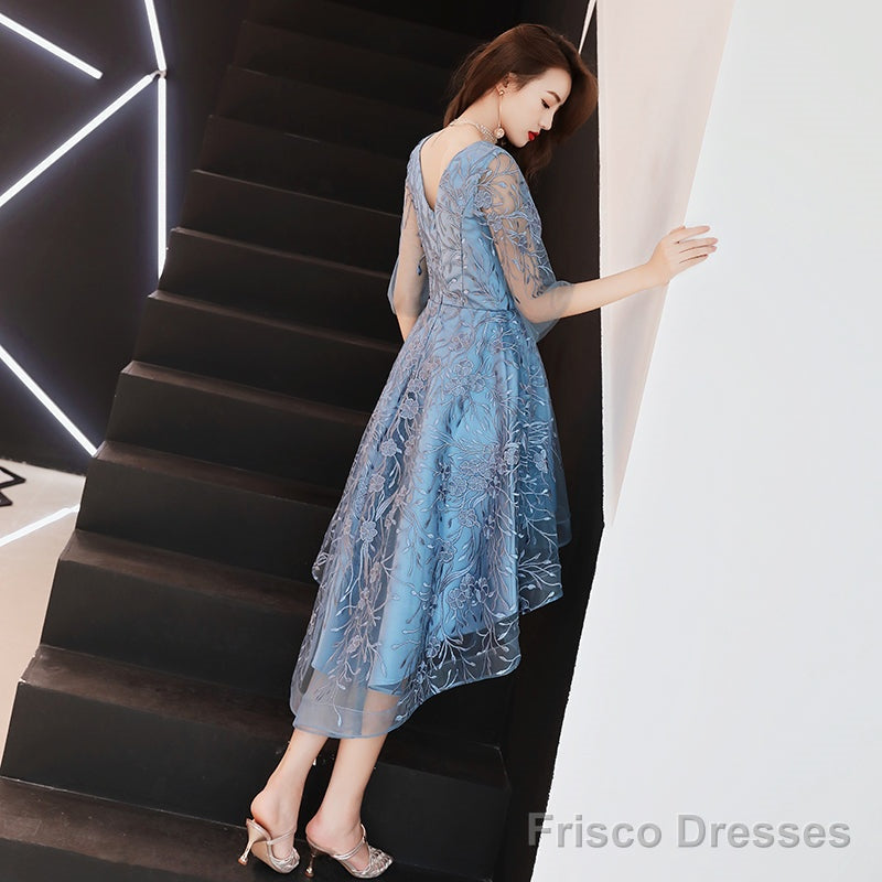 Beautiful Blue High Low Party Dress Homecoming Dress, Blue Lace Prom D