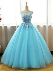 Beautiful Blue Round Long Party Dress,Ball Gown Lace Applique Sweet 16 Dress