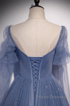 Beautiful Blue Sheer Beaded Long Party Dress, A-Shaped Long Sleeved Backless And Floor Length Evening Dress