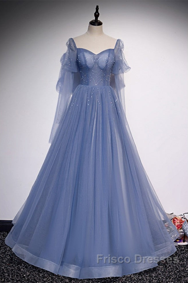 Beautiful Blue Sheer Beaded Long Party Dress, A-Shaped Long Sleeved Backless And Floor Length Evening Dress