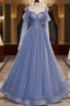 Beautiful Blue Sheer Beaded Long Party Dress, A-Shaped Long Sleeved Backless And Floor Length Evening Dress
