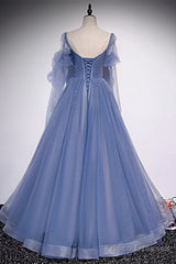 Beautiful Blue Tulle Beaded Long Formal Dress Party Dresses, A-Line Wedding Party Dresses
