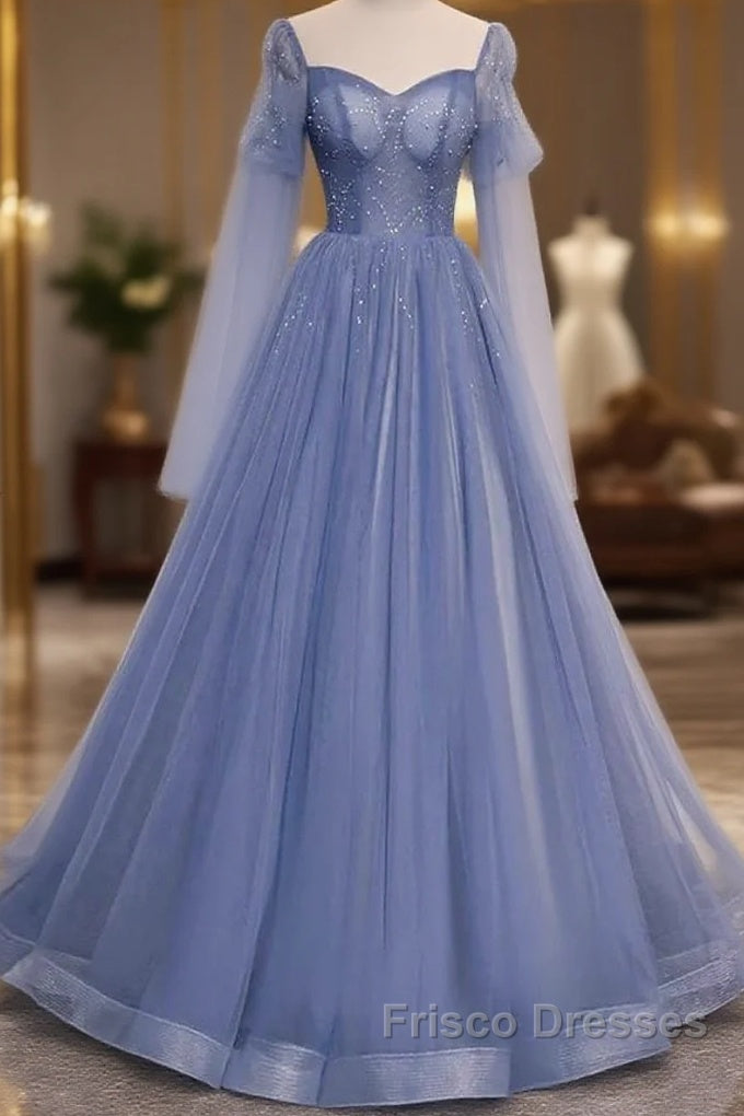 Beautiful Blue Tulle Beaded Long Formal Dress Party Dress, A-Line Wedding Party Dress Main image