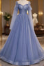 Beautiful Blue Tulle Beaded Long Formal Dress Party Dress, A-Line Wedding Party Dress
