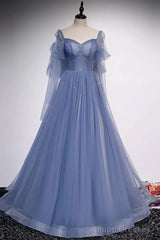 Blue Tulle Beaded Long Formal Dress Party Dresses, A-line Wedding Party Dresses