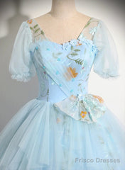 Beautiful Blue Tulle Short Sleeves Sweet 16 Dress With Bow, Blue Formal Gown