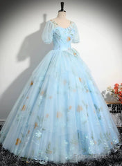 Beautiful Blue Tulle Short Sleeves Sweet 16 Dress With Bow, Blue Formal Gown
