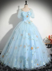 Beautiful Blue Tulle Short Sleeves Sweet 16 Dress With Bow, Blue Formal Gown