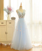 Beautiful Blue V-Neckline Floral Lace Tulle Party Dress, A-Line Blue Formal Dress Formal Prom Dress