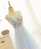 Beautiful Blue V-Neckline Floral Lace Tulle Party Dress, A-Line Blue Formal Dress Formal Prom Dress