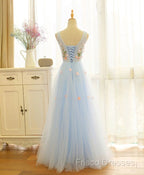 Beautiful Blue V-Neckline Floral Lace Tulle Party Dress, A-Line Blue Formal Dress Formal Prom Dress