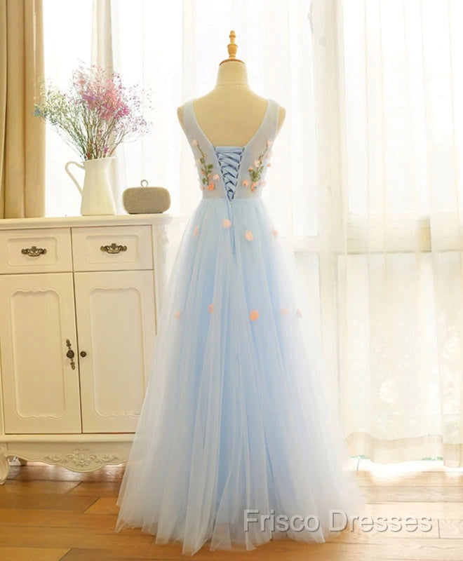 Beautiful Blue V-Neckline Floral Lace Tulle Party Dress, A-Line Blue Formal Dress Formal Prom Dress