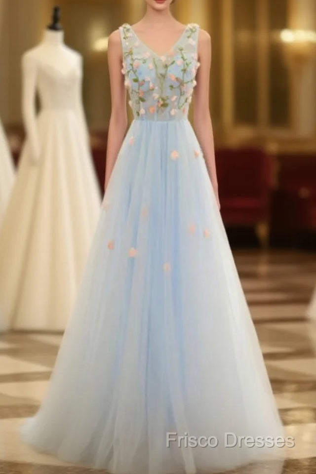 Beautiful Blue V-Neckline Floral Lace Tulle Party Dress, A-Line Blue Formal Dress Formal Prom Dress Main image
