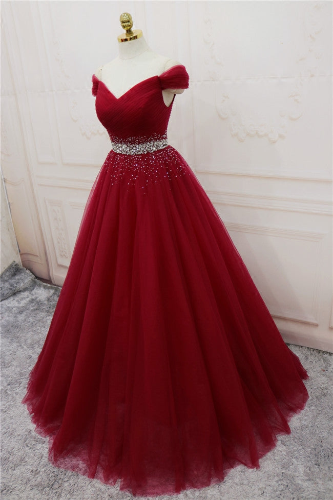 Beautiful Burgundy Long Tulle Off Shoulder Prom Dress , Junior Prom Dr – Frisco Dresses