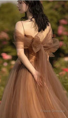 Beautiful Champagne Tulle Straps Long Formal Gown, Tulle Party Dresses Evening Dresses