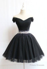 Beautiful Cute Charming Black Tulle V Neck Beaded Short Dress, Black Homecoming Dress