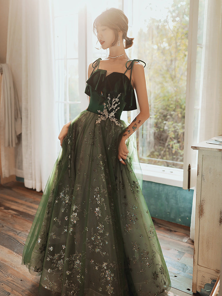 Beautiful Dark Green Straps Tulle With Velvet Party Dress, Green Evening Gown Prom Dress Main image