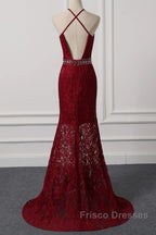 Beautiful Dark Red Lace Halter Beaded Evening Dress, Mermaid Formal Prom Dress