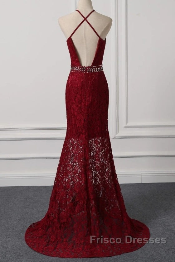 Beautiful Dark Red Lace Halter Beaded Evening Dress, Mermaid Formal Prom Dress