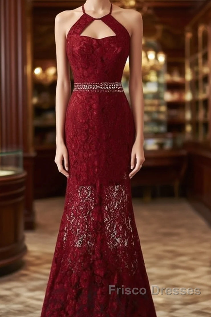 Beautiful Dark Red Lace Halter Beaded Evening Dress, Mermaid Formal Prom Dress Main image