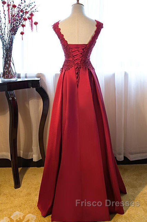 Beautiful Dark Red Lace Long Junior Formal Prom Dress, Lace Top Party Dress