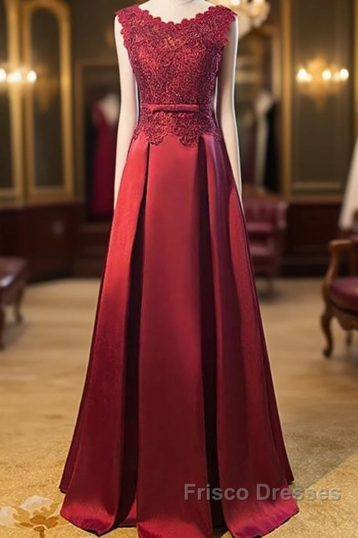 Beautiful Dark Red Lace Long Junior Formal Prom Dress, Lace Top Party Dress