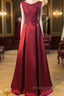Beautiful Dark Red Lace Long Junior Formal Prom Dress, Lace Top Party Dress