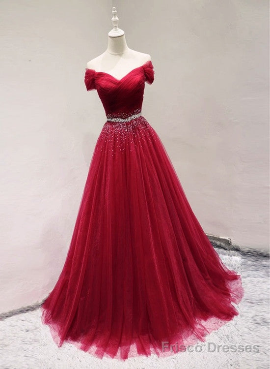 Beautiful Dark Red Tulle Off Shoulder Long Prom Dress, Beaded Party Dress Main image