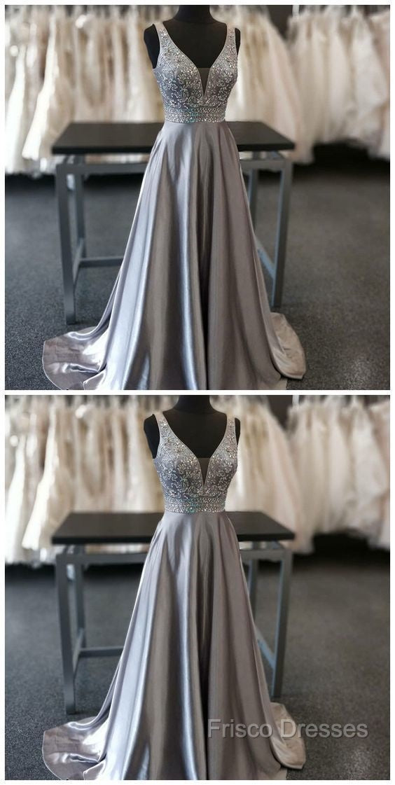 Beautiful Elegant Silver Grey Formal Prom Dress,Beaded Formal Gowns,V Neck Formal Dress,Special Occasion Dress Secondary image
