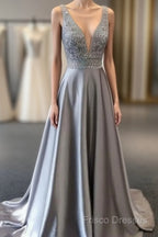 Beautiful Elegant Silver Grey Formal Prom Dress,Beaded Formal Gowns,V Neck Formal Dress,Special Occasion Dress